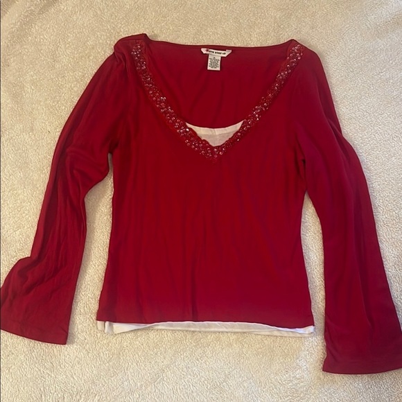 One Step Ahead Tops - One Step Ahead Red Embellished Bell Sleeve Top
